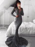 Mermaid High Neck Long Sleeves Grey Sequined Long Prom Dresses LBQ1707